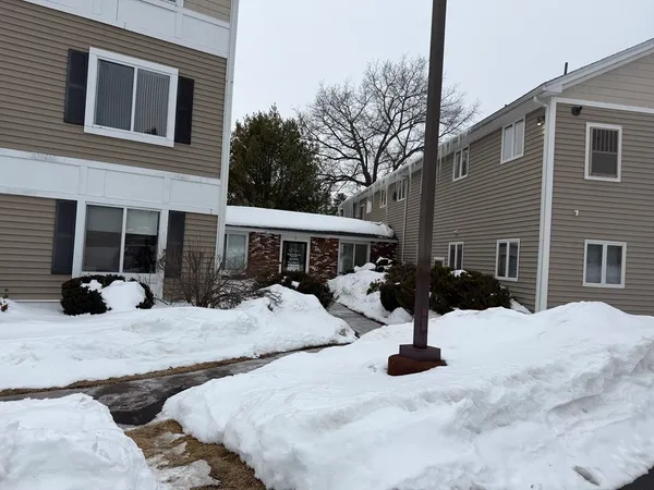 a view of a house with snow in the background