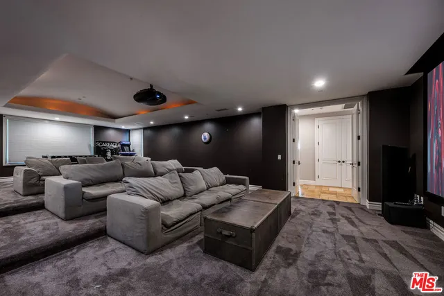 a living room with furniture and a gym equipment