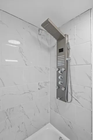 a bathroom with a shower and a toilet