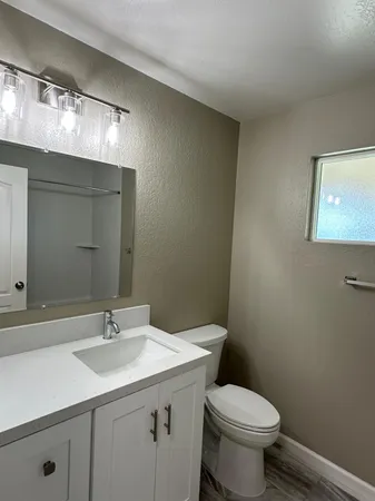 a bathroom with a sink toilet and a mirror