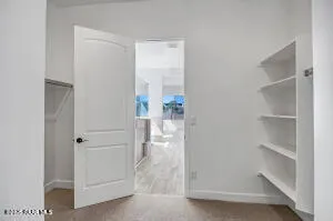 a view of a hallway with wooden floor and a bathroom