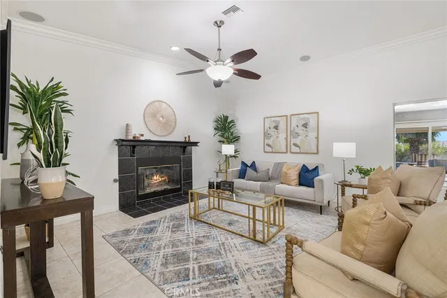 a living room with furniture a fireplace and a potted plant