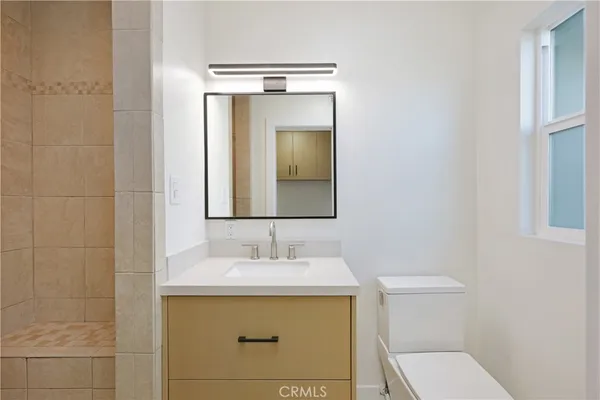 a bathroom with a sink a toilet and mirror