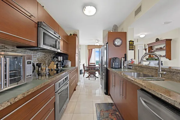 a kitchen with lots of counter top space