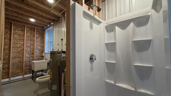 a bathroom with a shower and a toilet