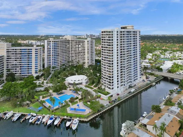an aerial view of a swimming pool