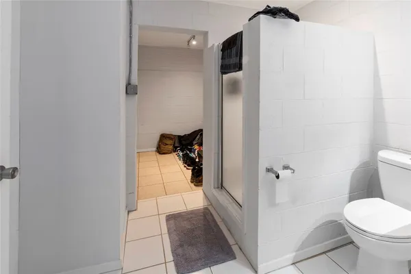 a bathroom with a shower and toilet