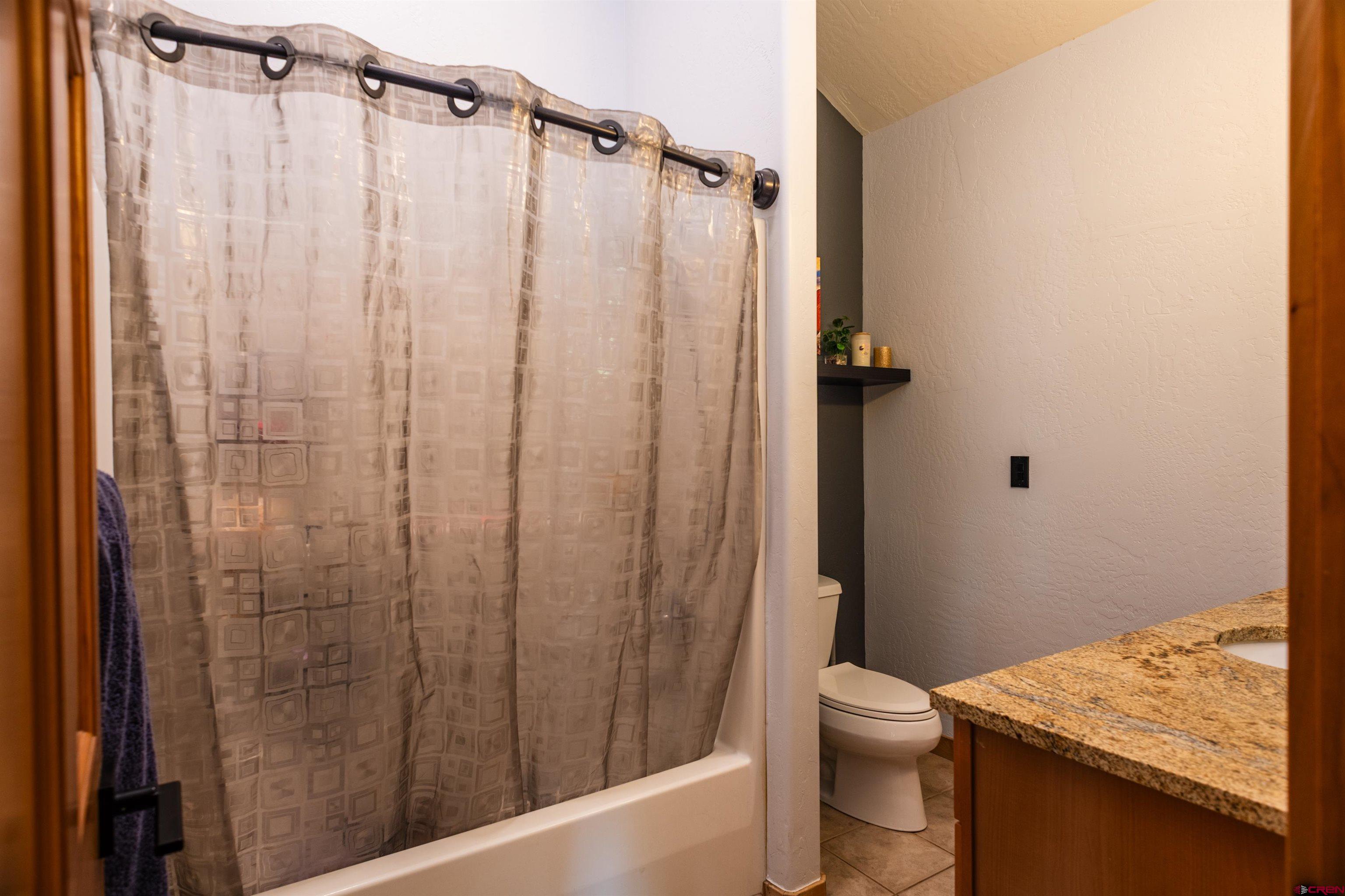 15 Edgemont Way Durango, CO 81301 - Photo 34 of 35 a bathroom with a shower curtain and a toilet
