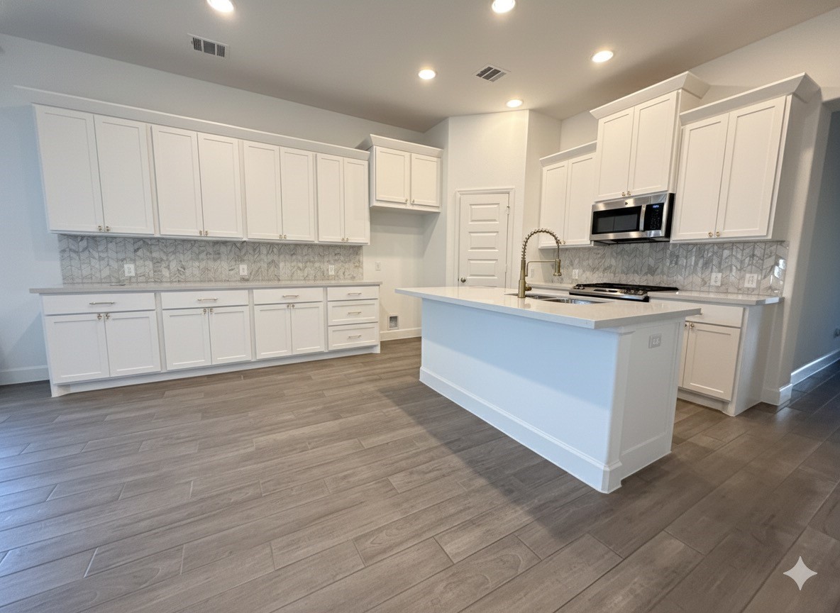 1354 Lakeside Crk Road Magnolia, TX 77354 - Photo 11 of 26 a large kitchen with stainless steel appliances granite countertop a stove a sink and white cabinets