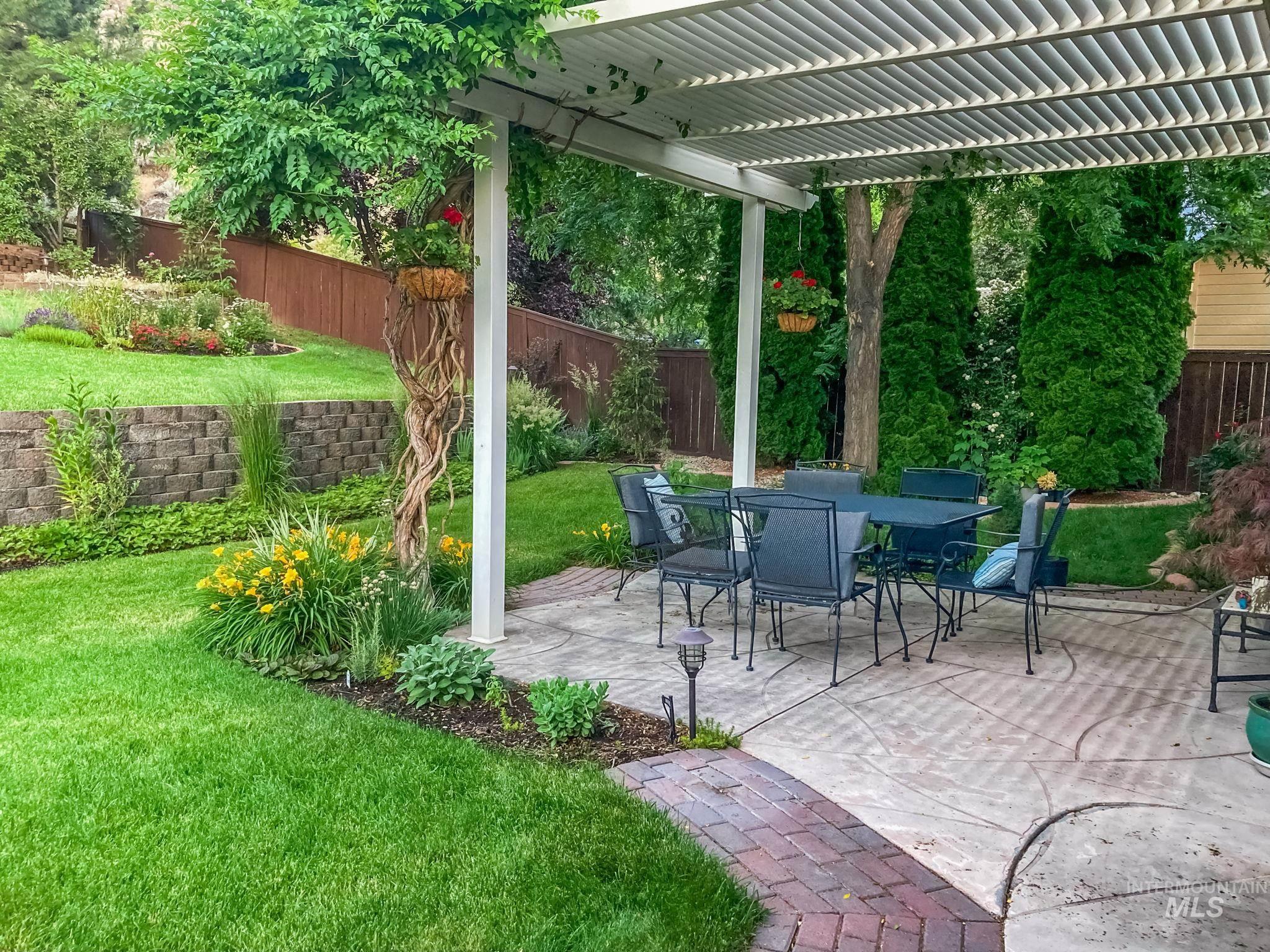 4235 Trekker Rim Drive East Boise, ID 83716 - Photo 33 of 33 Fenced backyard with a patio area, outdoor dining space, and a pergola