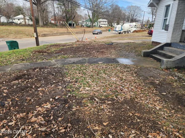 a view of a yard with a fountain