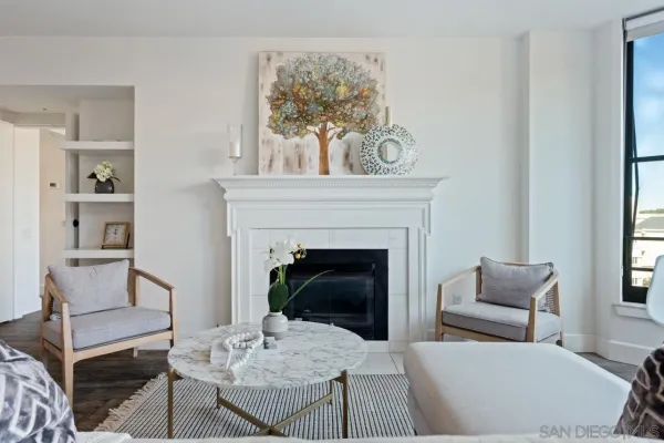 a living room with furniture and a fireplace