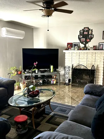 a living room with furniture and a fireplace