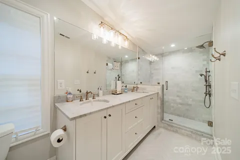 a bathroom with a double vanity sink mirror and shower