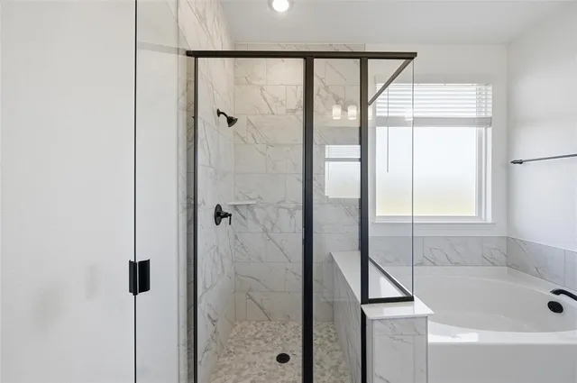 a bathroom with a bathtub and a shower