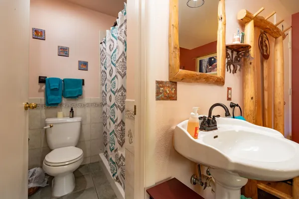 a bathroom with a sink a toilet and shower curtain