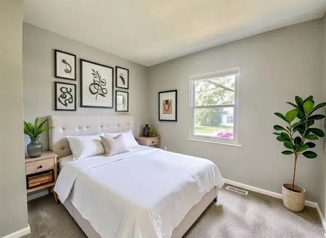 a bedroom with a bed and a window