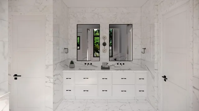 a bathroom with a double vanity sink and mirror