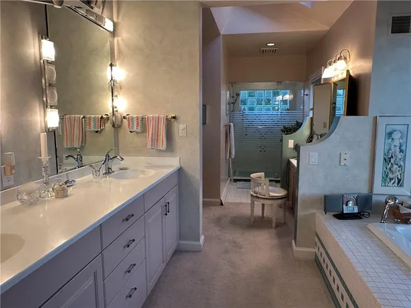 a bathroom with a shower and a sink