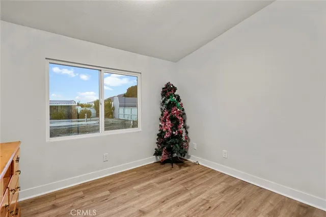 an empty room with wooden floor and potted plant