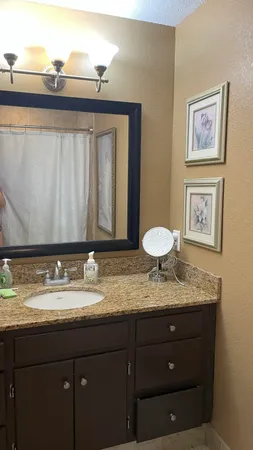 a bathroom with a granite countertop sink and a mirror