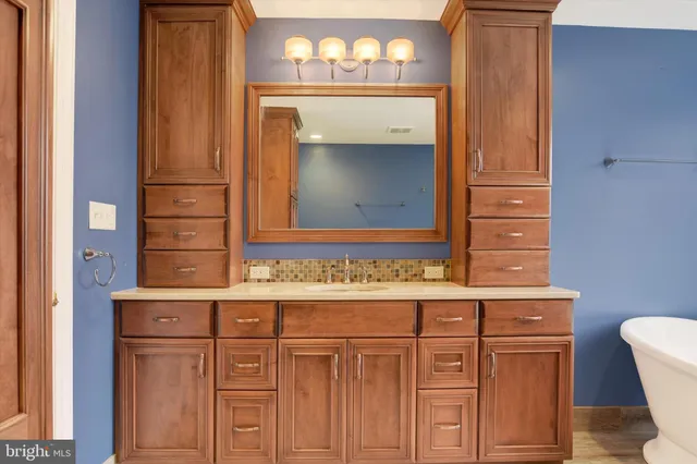 a bathroom with a sink a mirror and a vanity