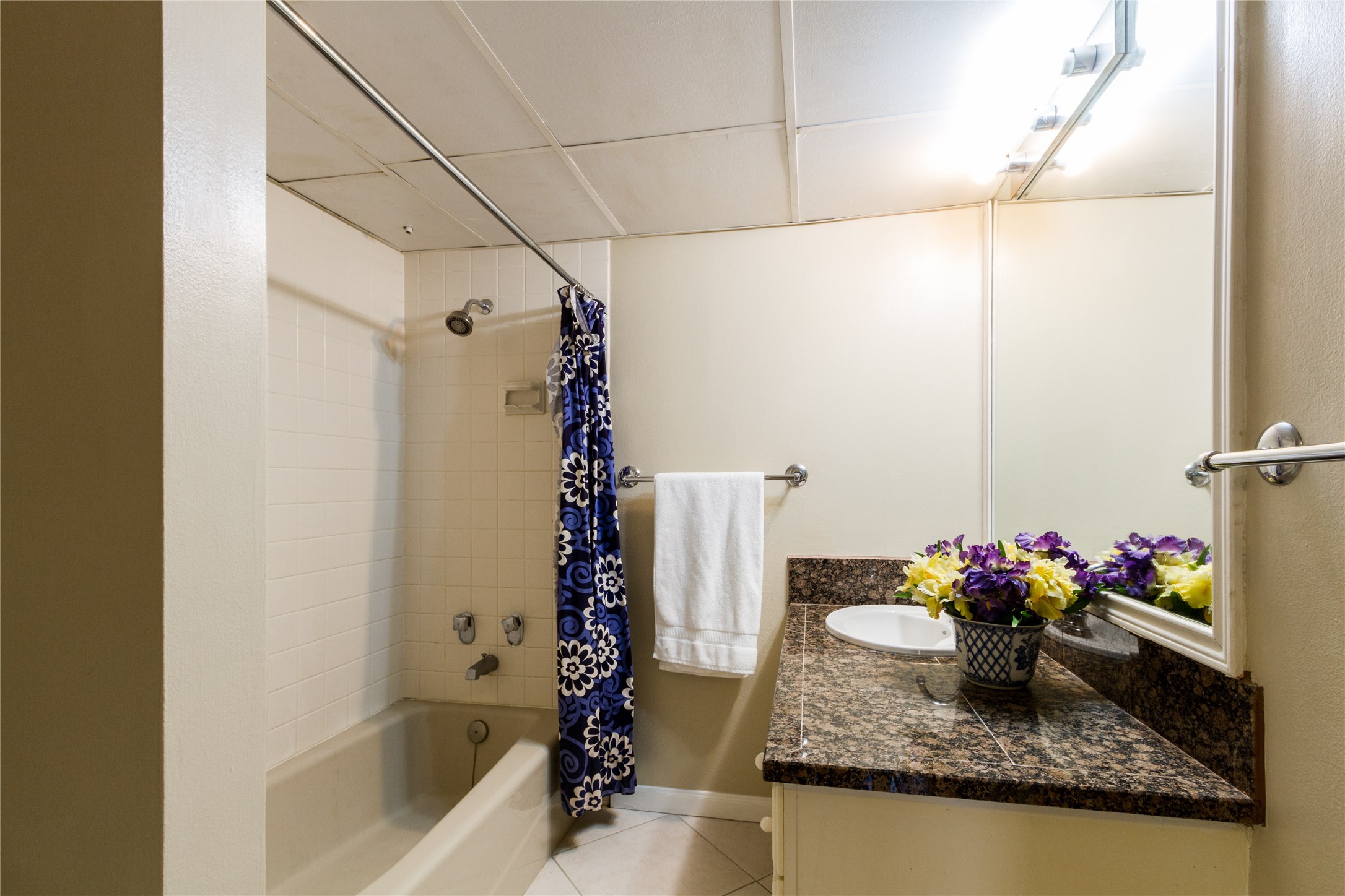 3350 McCue Road, Unit 201 Houston, TX 77056 - Photo 17 of 39 a bathroom with a granite countertop sink a mirror and a bathtub