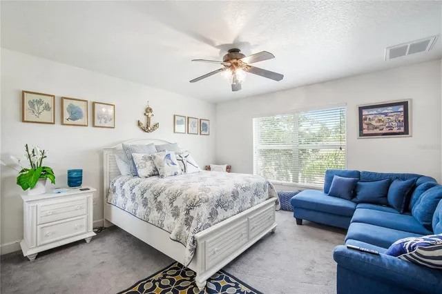 a bedroom with a bed couch and window