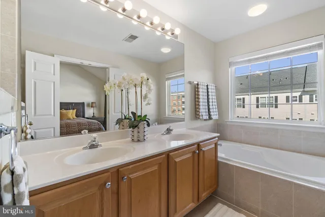 a bathroom with a sink double vanity and a bathtub