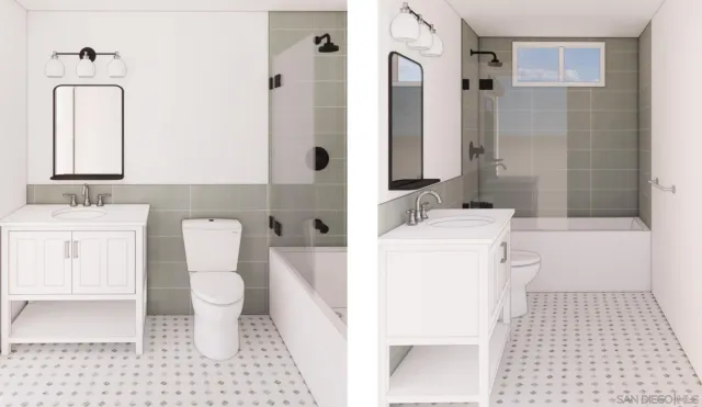 a bathroom with a tub sink and mirror