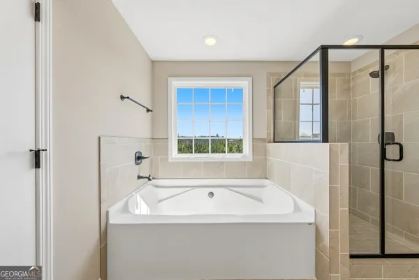 a bathroom with a bathtub and a shower