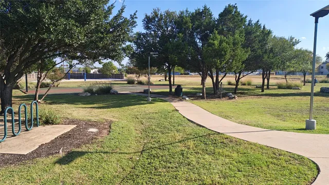 a view of a yard with large trees