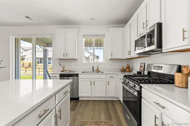 a kitchen with stainless steel appliances granite countertop a stove a sink and a microwave