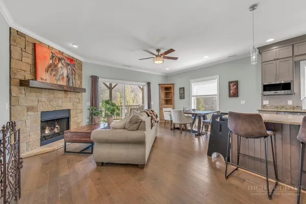 a living room with furniture a potted plant and a fireplace