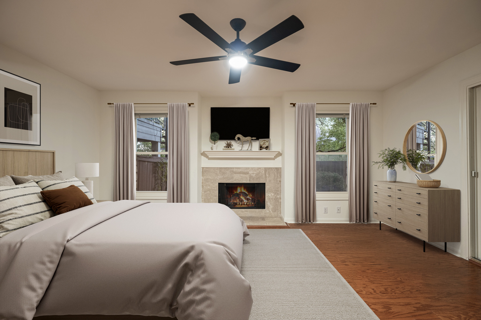 6010 Long Champ Court, Unit 113 Austin, TX 78746 - Photo 9 of 25 Virtually staged. Bedroom featuring dark wood-type flooring, a fireplace, and a ceiling fan