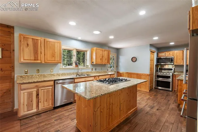 a kitchen with stainless steel appliances granite countertop a stove a sink and a refrigerator