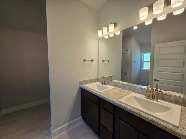 a bathroom with a sink vanity and a mirror