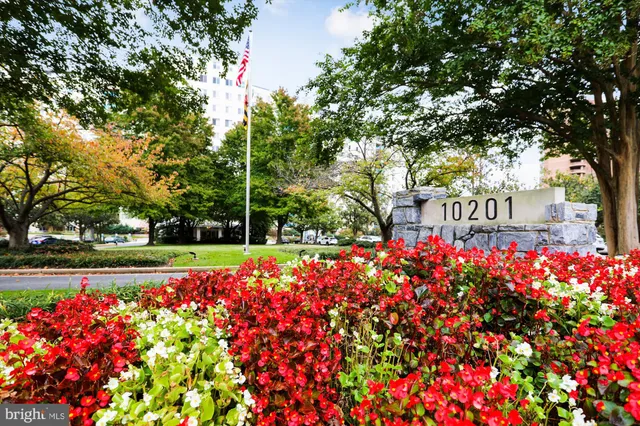 a view of a multi story building with a yard and swimming pool