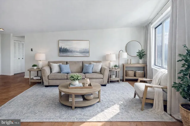 a living room with furniture and a potted plant