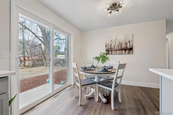 a view of a dining room with furniture window and wooden floor
