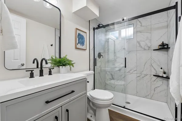 a bathroom with a sink a toilet and shower