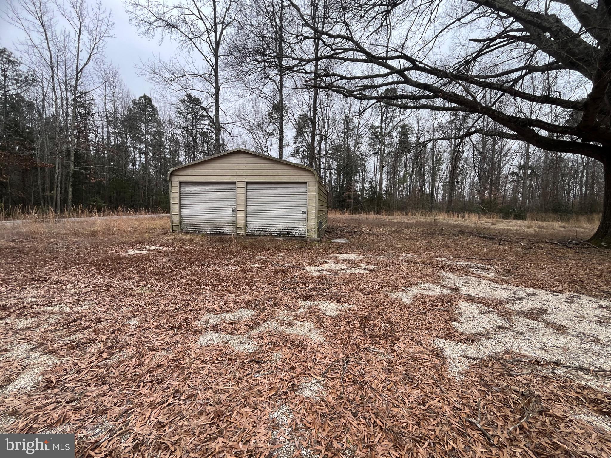 Secluded garage amidst autumn leaves.