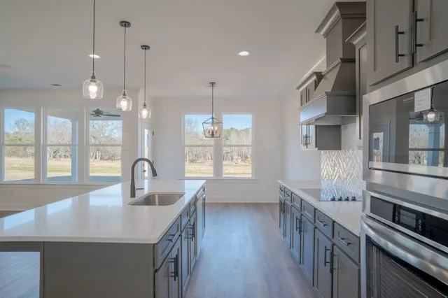 a kitchen with counter top space