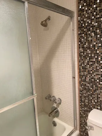 a bathroom with a shower and a toilet