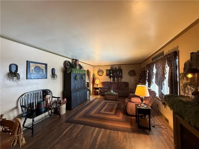 a living room with furniture rug and wooden floor