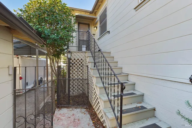 a bathroom with a sink and a yard