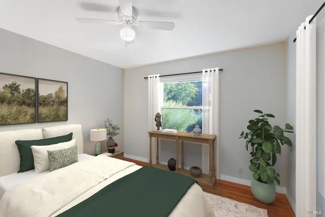 a living room with furniture and a potted plant