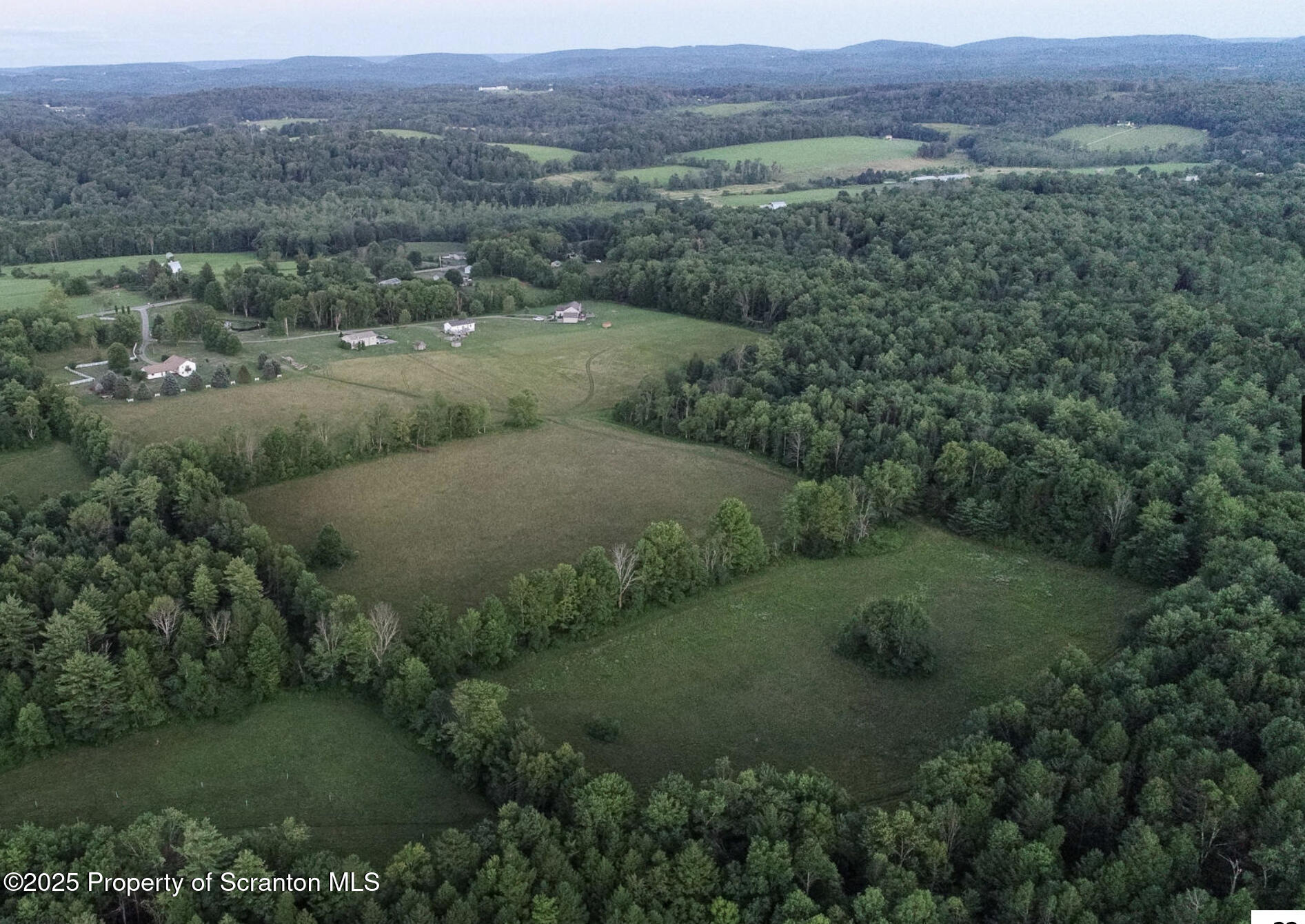 an aerial view of green landscape with trees houses and mountain view