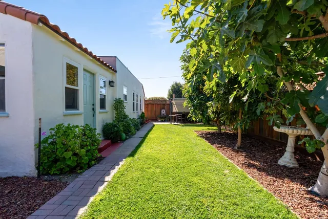 a view of a backyard with pathway