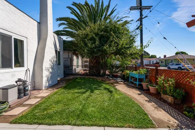 a view of a backyard with plants and outdoor seating
